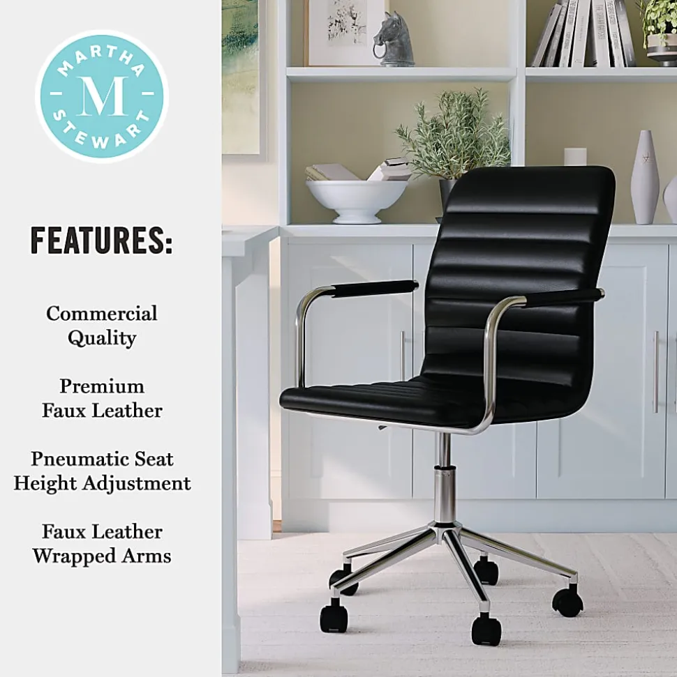 Martha Stewart Taytum Faux Leather Upholstered Mid-Back Executive Office Chair, Black/Polished Nickel
