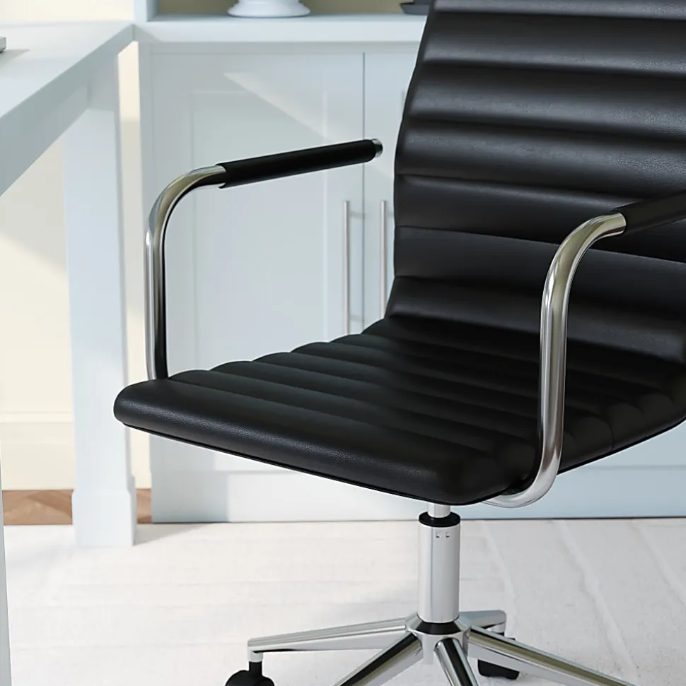 Martha Stewart Taytum Faux Leather Upholstered Mid-Back Executive Office Chair, Black/Polished Nickel