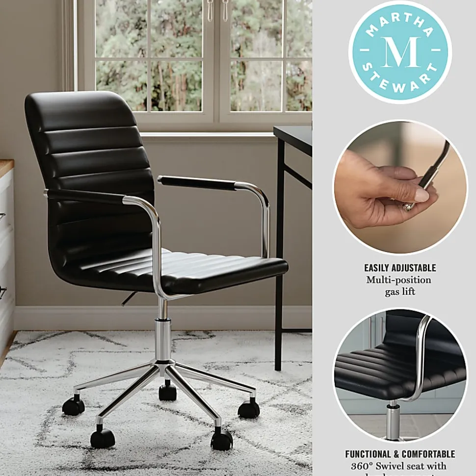 Martha Stewart Taytum Faux Leather Upholstered Mid-Back Executive Office Chair, Black/Polished Nickel