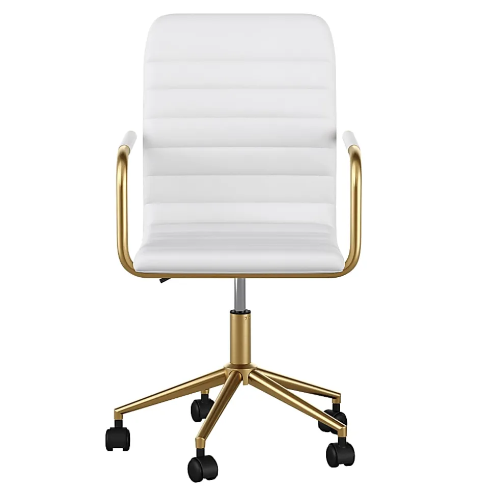 Martha Stewart Taytum Faux Leather Upholstered Mid-Back Executive Office Chair, White/Polished Brass