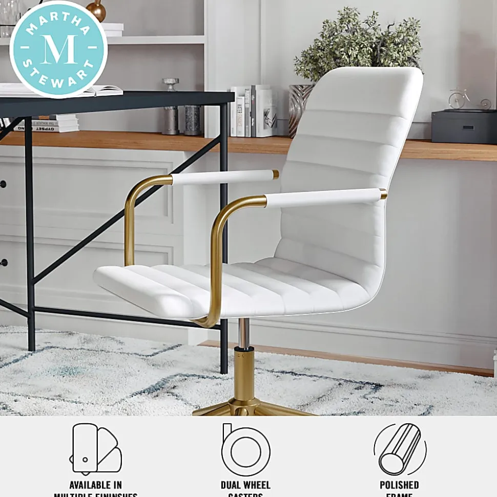 Martha Stewart Taytum Faux Leather Upholstered Mid-Back Executive Office Chair, White/Polished Brass