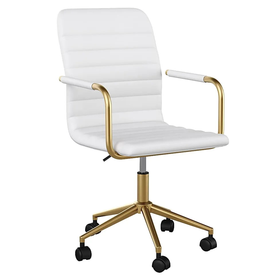 Martha Stewart Taytum Faux Leather Upholstered Mid-Back Executive Office Chair, White/Polished Brass