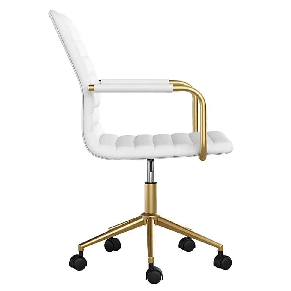 Martha Stewart Taytum Faux Leather Upholstered Mid-Back Executive Office Chair, White/Polished Brass