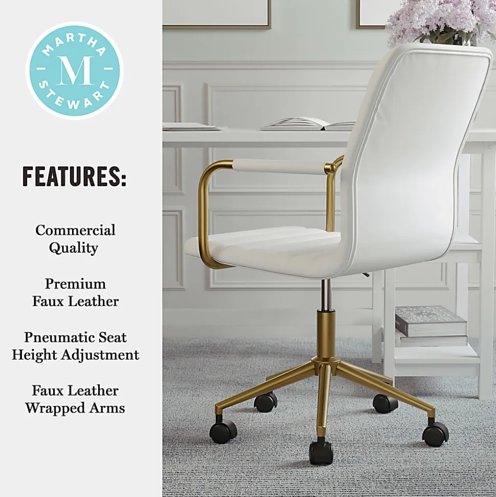 Martha Stewart Taytum Faux Leather Upholstered Mid-Back Executive Office Chair, White/Polished Brass