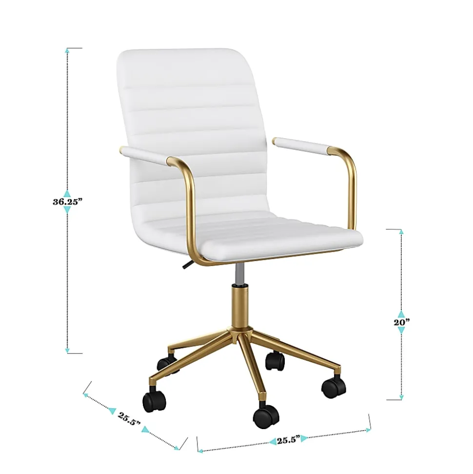 Martha Stewart Taytum Faux Leather Upholstered Mid-Back Executive Office Chair, White/Polished Brass