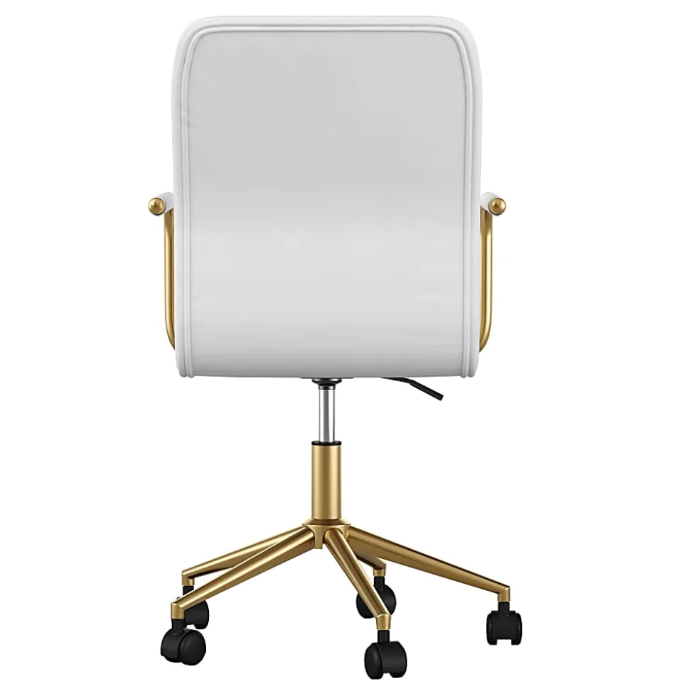 Martha Stewart Taytum Faux Leather Upholstered Mid-Back Executive Office Chair, White/Polished Brass