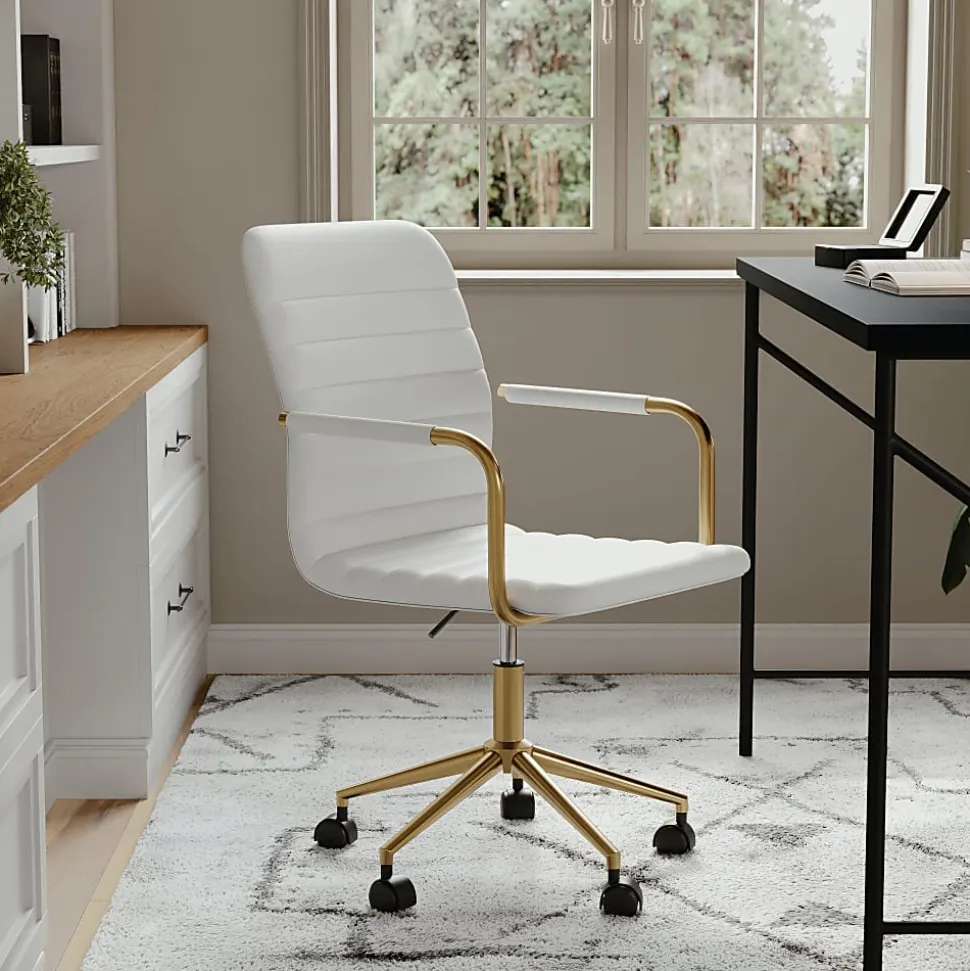 Martha Stewart Taytum Faux Leather Upholstered Mid-Back Executive Office Chair, White/Polished Brass