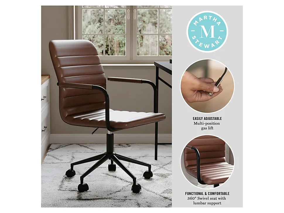 Martha Stewart Taytum Faux Leather Upholstered Mid-Back Executive Office Chair, Saddle Brown/Oil-Rubbed Bronze