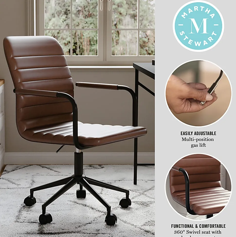 Martha Stewart Taytum Faux Leather Upholstered Mid-Back Executive Office Chair, Saddle Brown/Oil-Rubbed Bronze