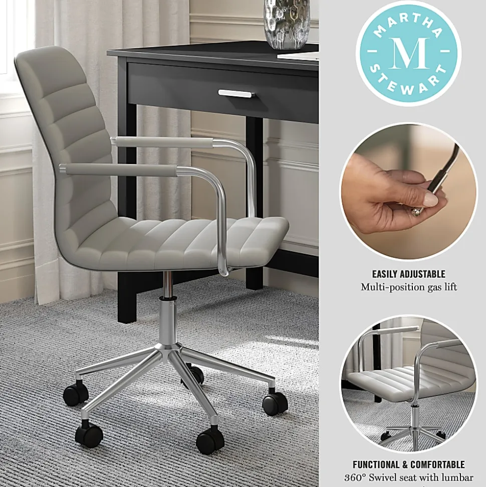 Martha Stewart Taytum Upholstered Office Chair, Gray Faux Leather/Polished Nickel Frame
