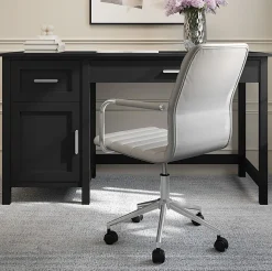 Martha Stewart Taytum Upholstered Office Chair, Gray Faux Leather/Polished Nickel Frame