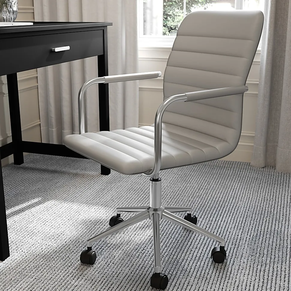 Martha Stewart Taytum Upholstered Office Chair, Gray Faux Leather/Polished Nickel Frame