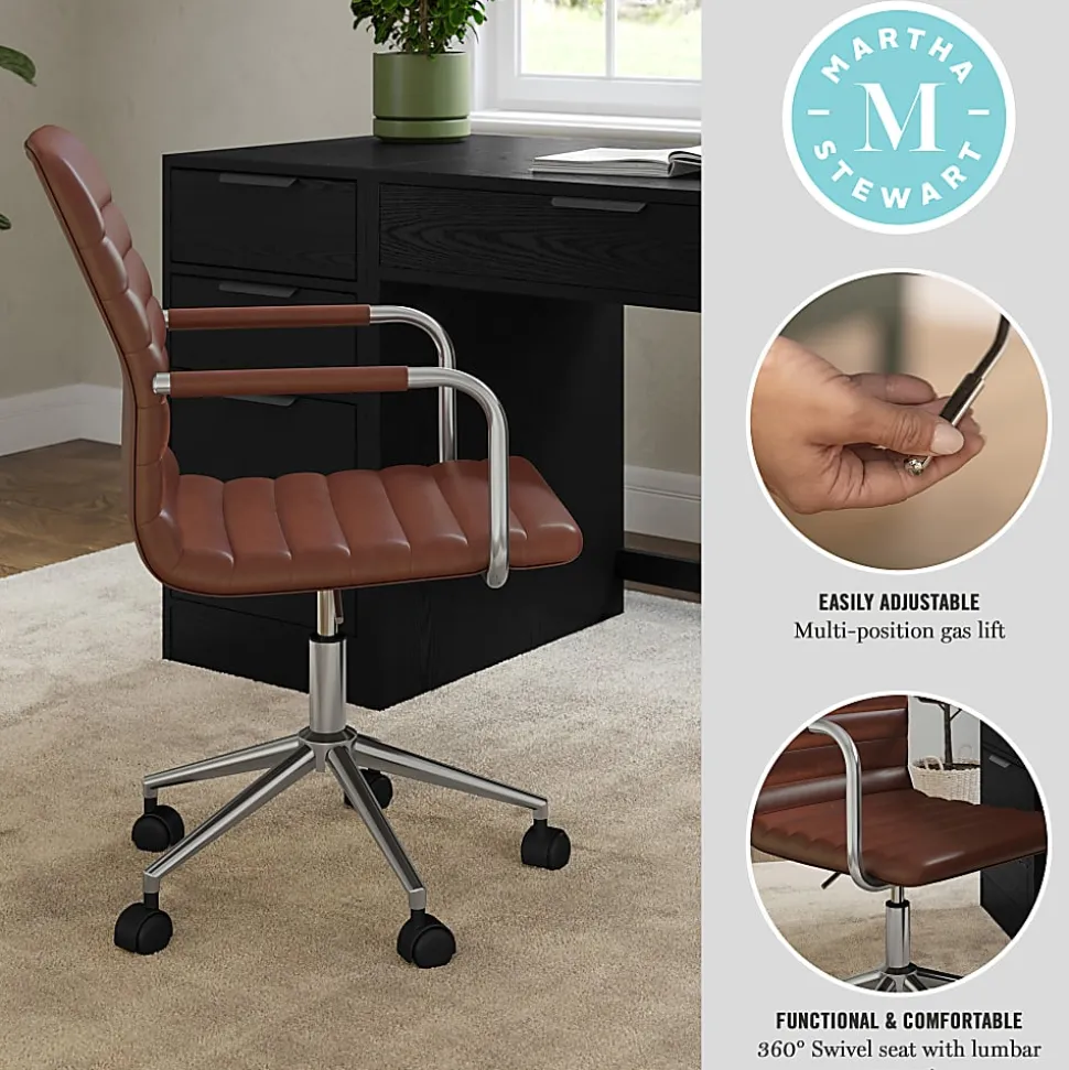 Martha Stewart Taytum Upholstered Office Chair, Saddle Brown Faux Leather/Polished Nickel Frame