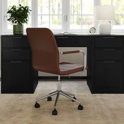 Martha Stewart Taytum Upholstered Office Chair, Saddle Brown Faux Leather/Polished Nickel Frame