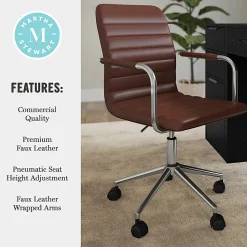 Martha Stewart Taytum Upholstered Office Chair, Saddle Brown Faux Leather/Polished Nickel Frame