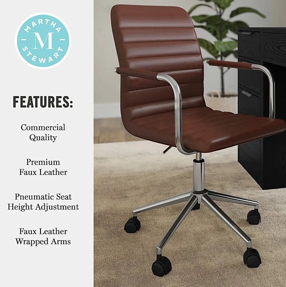Martha Stewart Taytum Upholstered Office Chair, Saddle Brown Faux Leather/Polished Nickel Frame