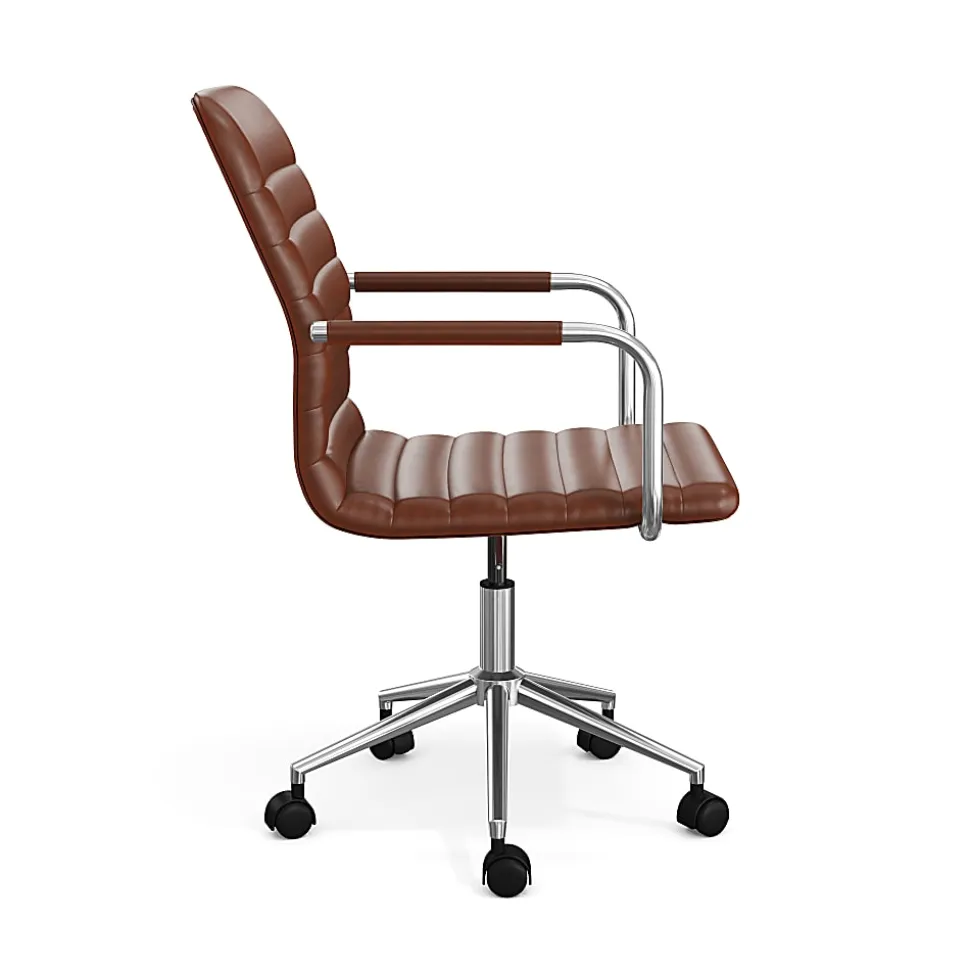 Martha Stewart Taytum Upholstered Office Chair, Saddle Brown Faux Leather/Polished Nickel Frame