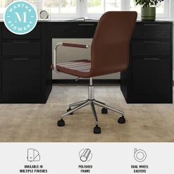 Martha Stewart Taytum Upholstered Office Chair, Saddle Brown Faux Leather/Polished Nickel Frame
