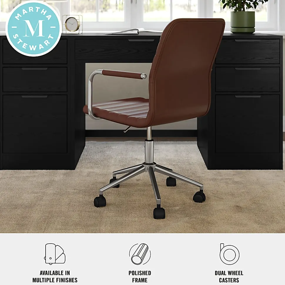 Martha Stewart Taytum Upholstered Office Chair, Saddle Brown Faux Leather/Polished Nickel Frame