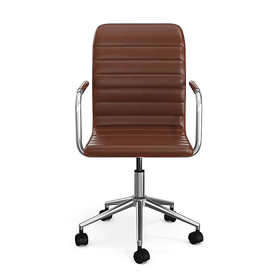 Martha Stewart Taytum Upholstered Office Chair, Saddle Brown Faux Leather/Polished Nickel Frame