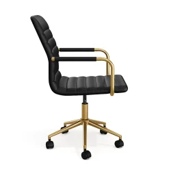 Martha Stewart Taytum Upholstered Office Chair, Black Faux Leather/Polished Brass Frame