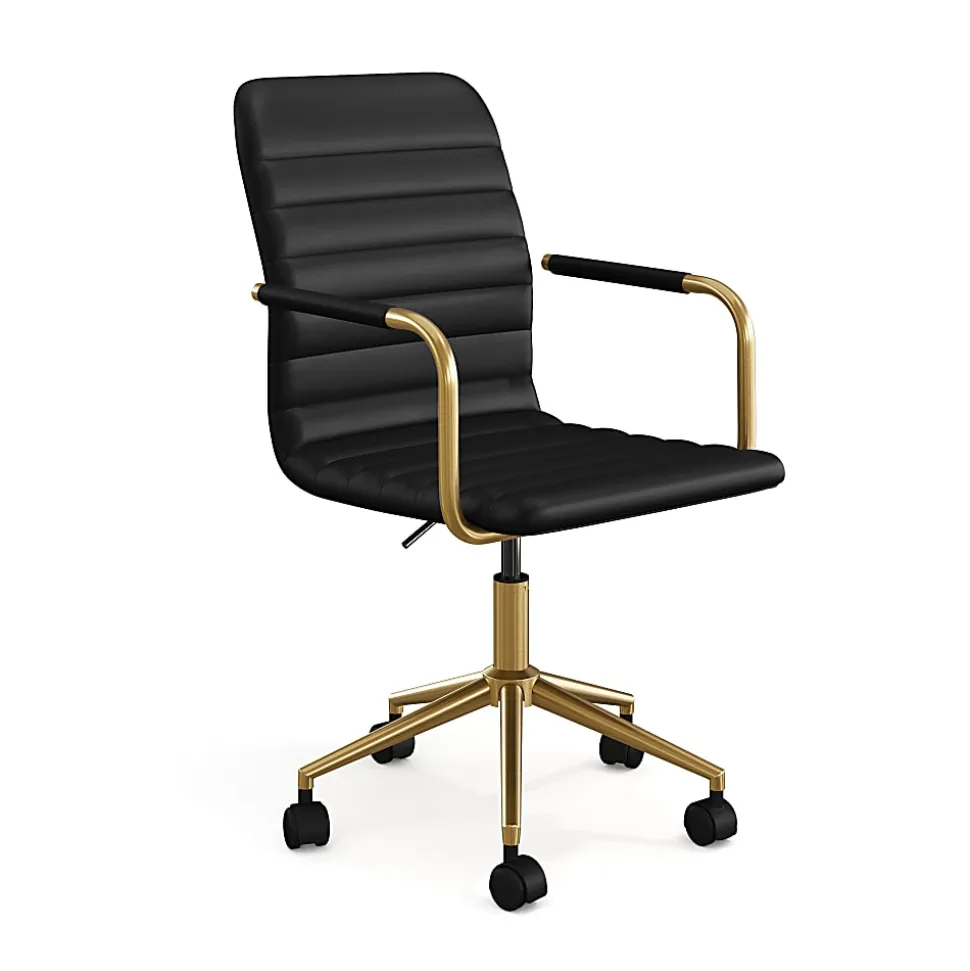 Martha Stewart Taytum Upholstered Office Chair, Black Faux Leather/Polished Brass Frame
