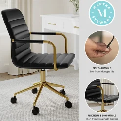 Martha Stewart Taytum Upholstered Office Chair, Black Faux Leather/Polished Brass Frame
