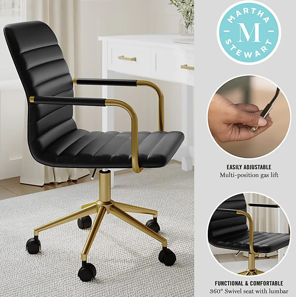 Martha Stewart Taytum Upholstered Office Chair, Black Faux Leather/Polished Brass Frame