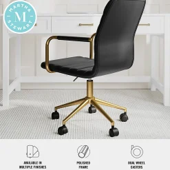 Martha Stewart Taytum Upholstered Office Chair, Black Faux Leather/Polished Brass Frame