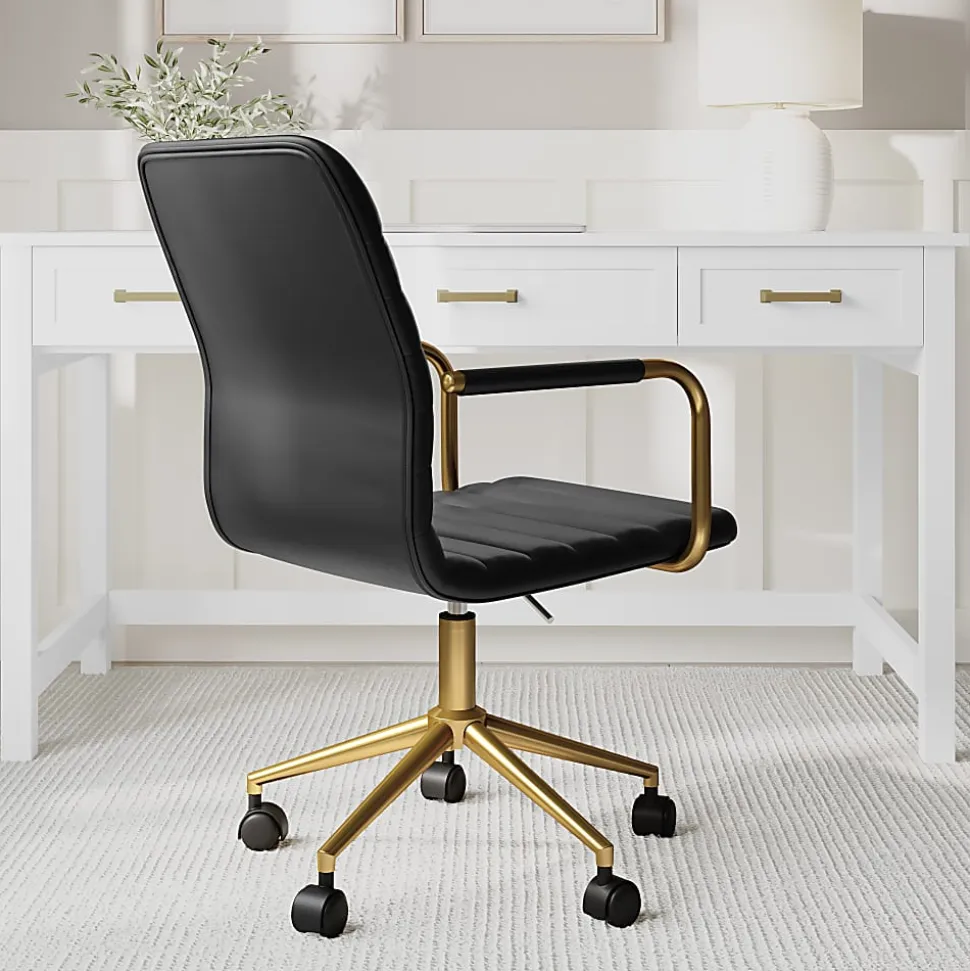 Martha Stewart Taytum Upholstered Office Chair, Black Faux Leather/Polished Brass Frame