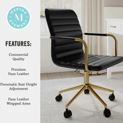Martha Stewart Taytum Upholstered Office Chair, Black Faux Leather/Polished Brass Frame