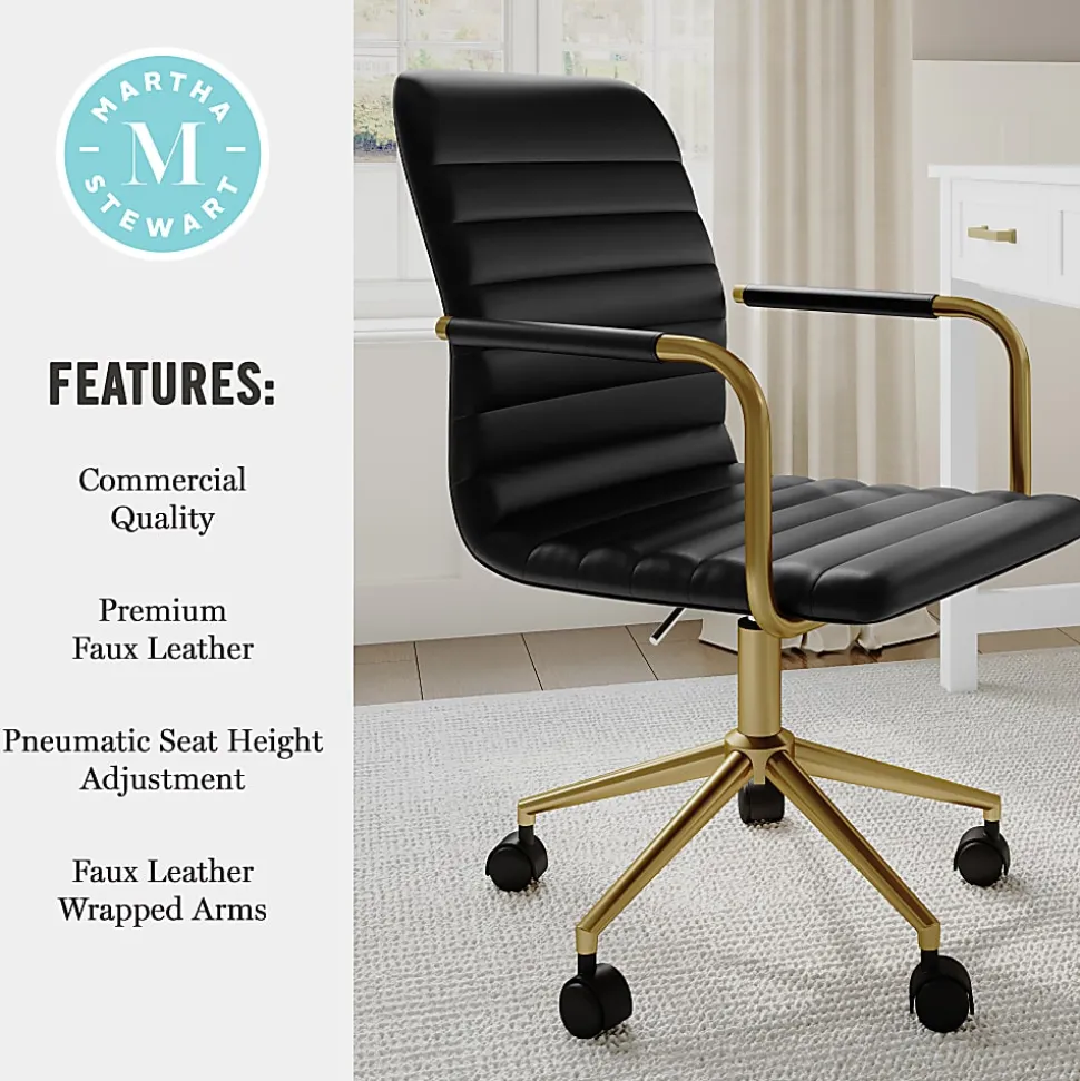 Martha Stewart Taytum Upholstered Office Chair, Black Faux Leather/Polished Brass Frame