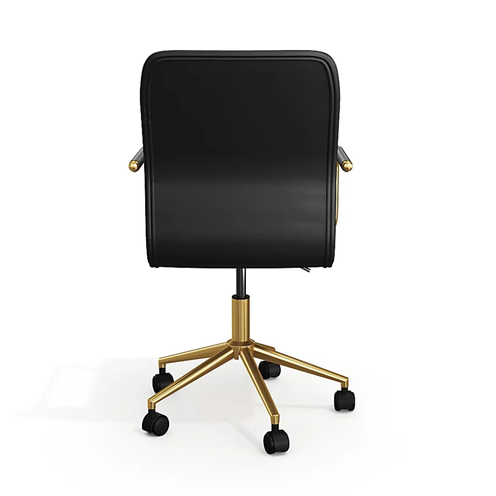 Martha Stewart Taytum Upholstered Office Chair, Black Faux Leather/Polished Brass Frame
