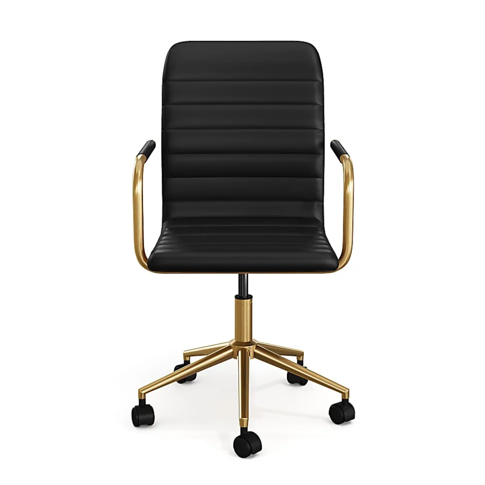 Martha Stewart Taytum Upholstered Office Chair, Black Faux Leather/Polished Brass Frame