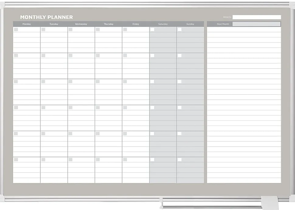 MasterVision® Gold Ultra™ Magnetic Dry-Erase Monthly Calendar Planning Board, Lacquered Steel, 48" x 36", White/Plate Gray, Silver Aluminum Frame