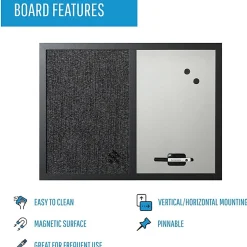 MasterVision® Magnetic Dry-Erase Whiteboard/Fabric Bulletin Combination Cubicle Board, 18” x 24”, Wood Frame With Black Finish