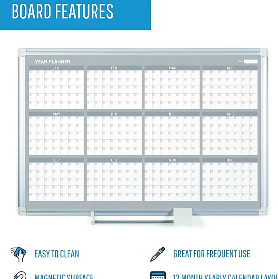 MasterVision 36" 12-month Calendar Planning Board - Yearly - 12 Month - White - Aluminum - 24" Height x 36" Width