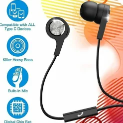 Maxell Sync Up Type C Earbuds - Stereo - USB Type C - Wired - Earbud - Binaural - In-ear - 4 ft Cable - Black