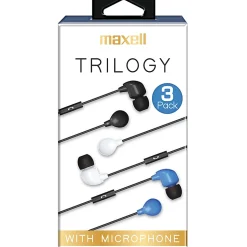 Maxell Trilogy Wired Earbuds, Black, Pack Of 3 Pairs, MAX199688