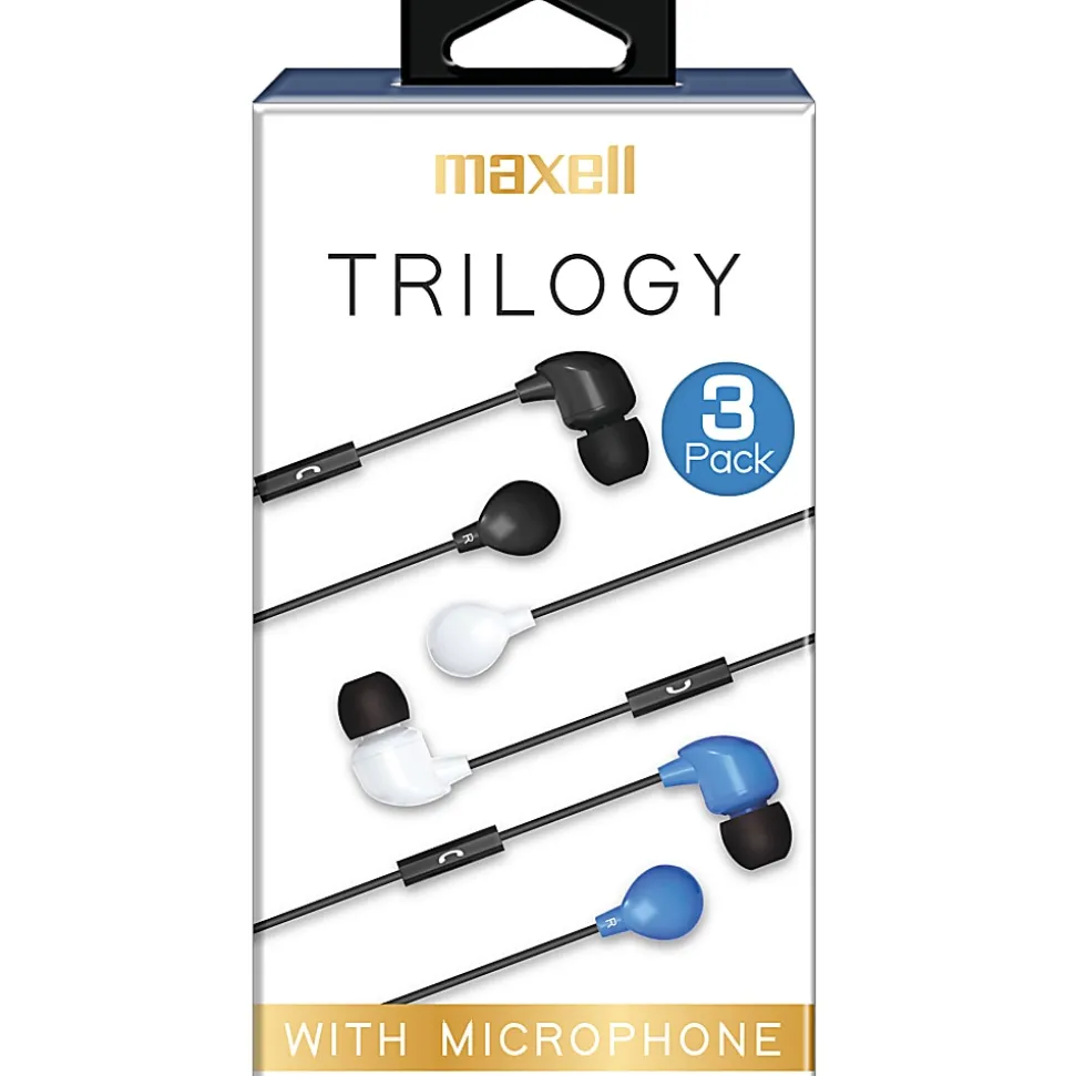 Maxell Trilogy Wired Earbuds, Black, Pack Of 3 Pairs, MAX199688