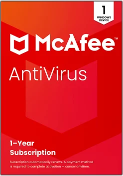 McAfee® AntiVirus Internet Security Software, For 1 Device, 1-Year Subscription with Auto-Renewal, For Windows®, Product Key, MAB41EOD1RAAM