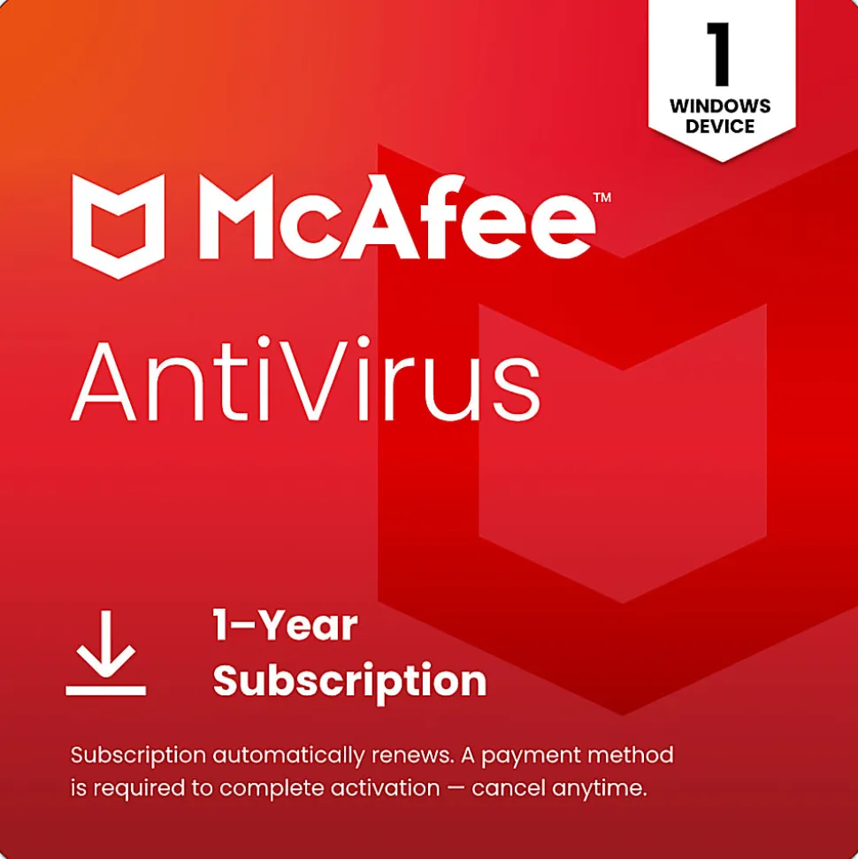 McAfee® AntiVirus Internet Security Software, For 1 Device, 1-Year Subscription with Auto-Renewal, For Windows®, Digital Download