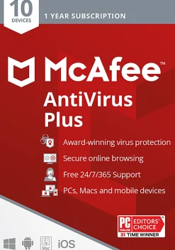 McAfee® AntiVirus Plus, For 10 Devices, Antivirus Security Software, 1-Year Subscription, Product Key