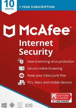 McAfee Internet Security, 10 Devices, Antivirus Software, 1 Yr – Product Key
