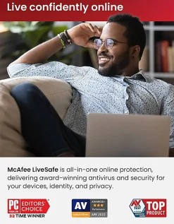McAfee® LiveSafe AntiVirus & Internet Security Software, For Unlimited Devices, 1-Year Subscription, Windows®/Mac®/Android/iOS/ChromeOS, Product Key