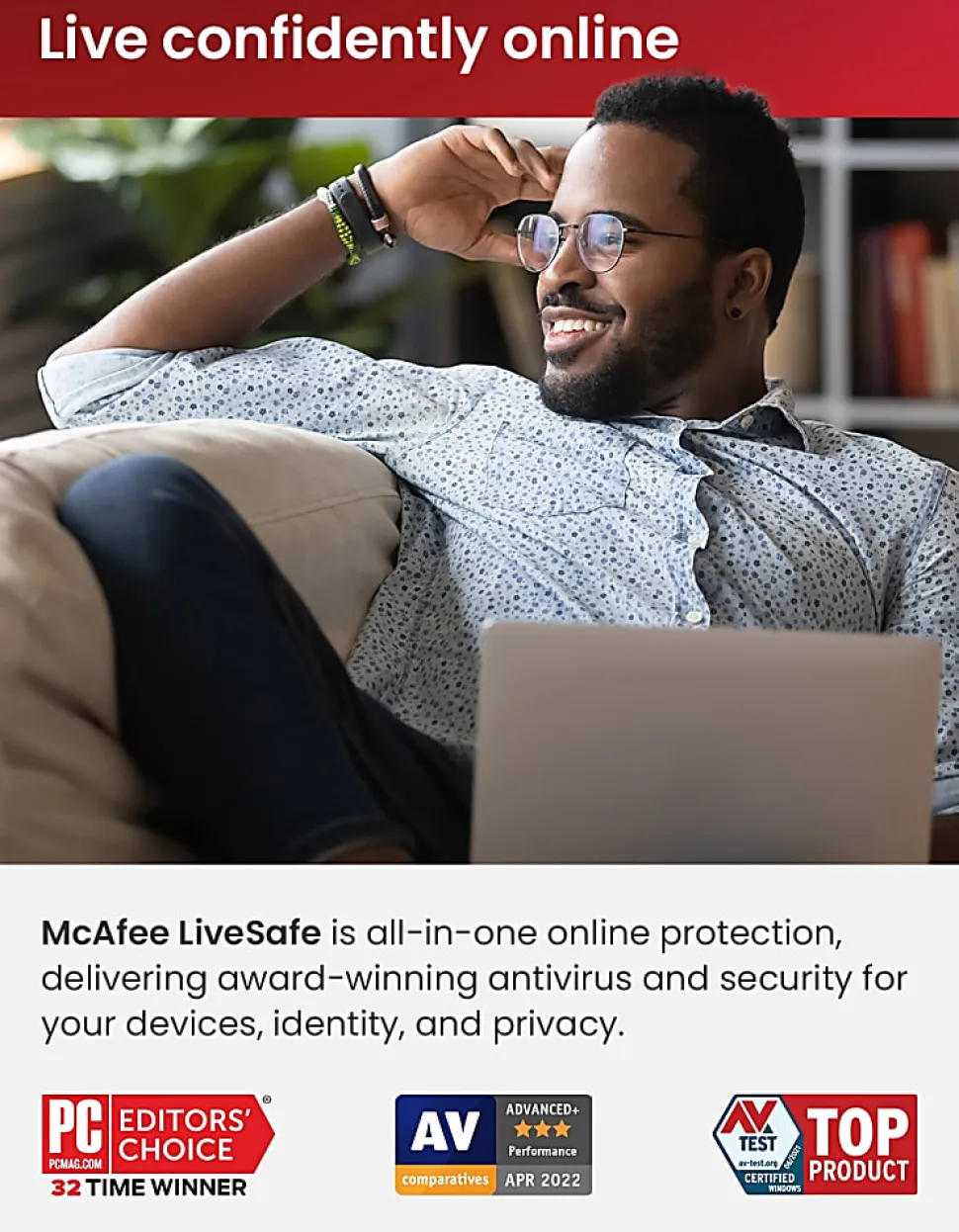 McAfee® LiveSafe AntiVirus & Internet Security Software, For Unlimited Devices, 1-Year Subscription, Windows®/Mac®/Android/iOS/ChromeOS, Product Key