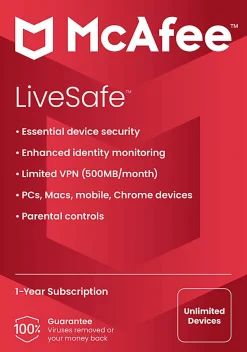 McAfee® LiveSafe AntiVirus & Internet Security Software, For Unlimited Devices, 1-Year Subscription, Windows®/Mac®/Android/iOS/ChromeOS, Product Key