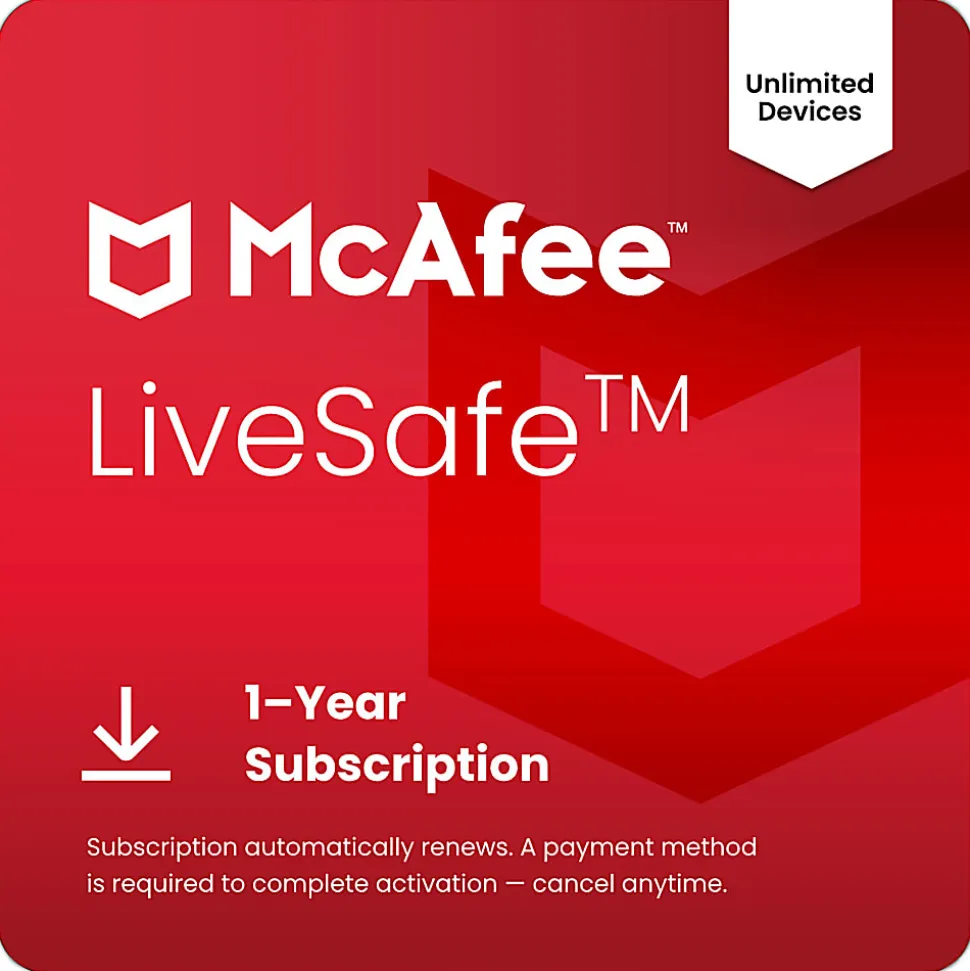 McAfee LiveSafe Antivirus & Internet Security Software, Unlimited Devices, 1-Year With Auto-Renewal, Digital Download