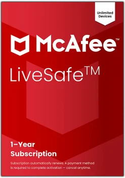 McAfee® LiveSafe Antivirus & Internet Security Software, Unlimited Devices, 1-Year Subscription, Auto-Renewal, Product Key, MLS41EODURAAM