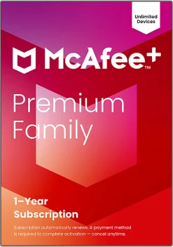 McAfee+ Premium Family Antivirus And Internet Security Software, Unlimited Devices, 1-Year Subscription, Auto-Renewal, Product Key, MPP41EODURPFM